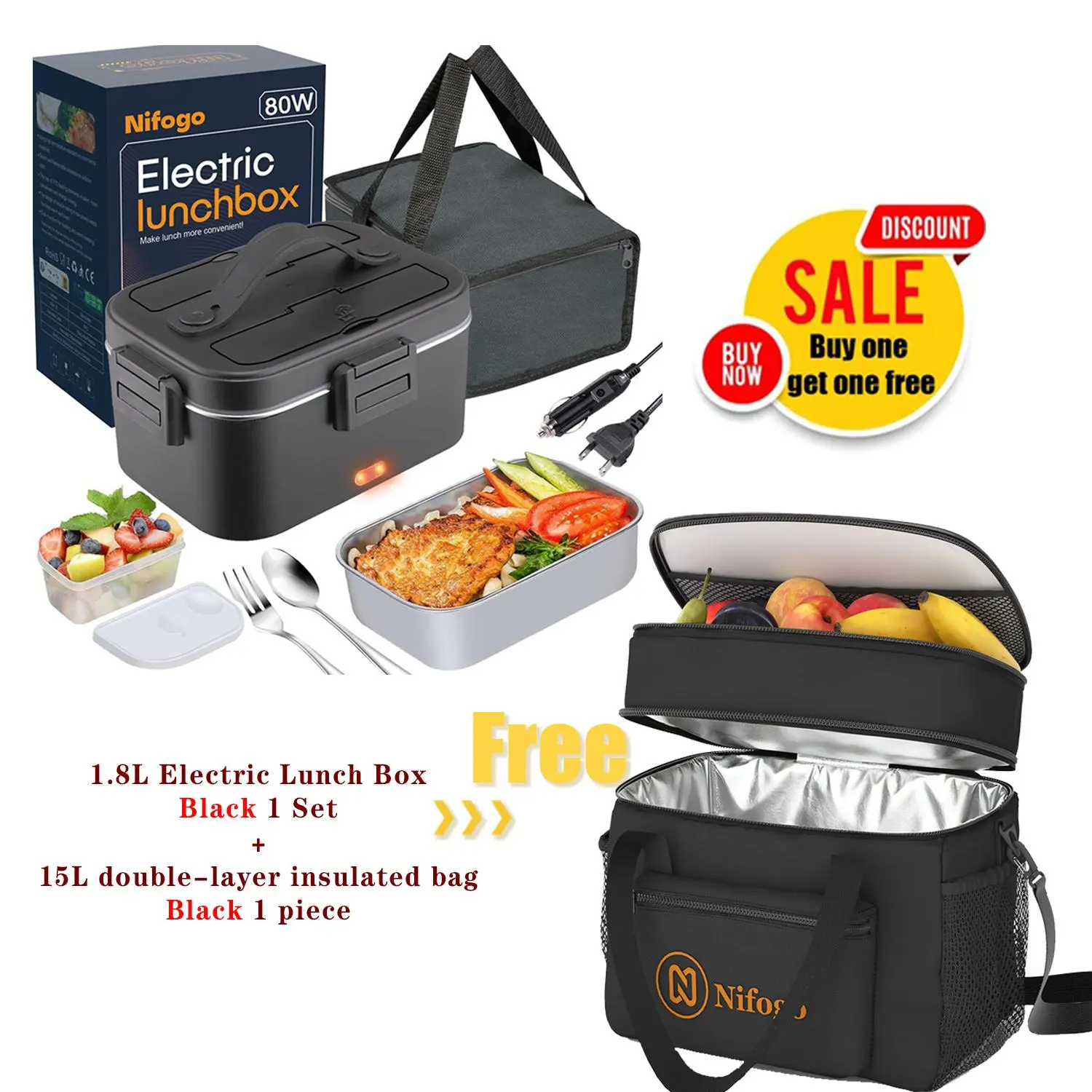 Nifogo Electric Heating Lunch Box with Insulated, Waterproof, Leakproof Cooler Tote Bag Set - Portable, Reusable with Shoulder Strap, Warmer for Work & Travel Kitchenware Combo, Water Proof, Lunch Warmer