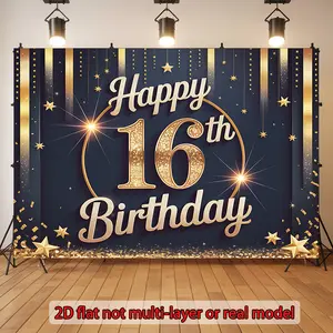 2D Flat, 1-piece Happy Birthday Banner Suitable for Party Decoration - Number 16, Sweet 16 Wall Decoration, Home Birthday Background and Celebration Props, 2D Flat
