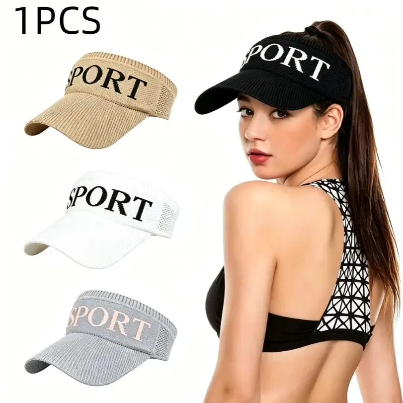 Women Knitted Visor Hat with Sport Letter Print, Upf50+ Sun Protection, Hollow Top Cap for Running, Beach, Travel, Outdoor Sports