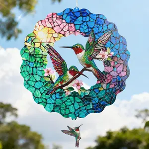 Hummingbird Wind Spinner Outdoor 12 Inch, 3D Metal Kinetic Hanging Garden Decor, Colorful Yard Art Sculpture, Gift for Mom Women Grandma, Patio Porch Backyard Decoration