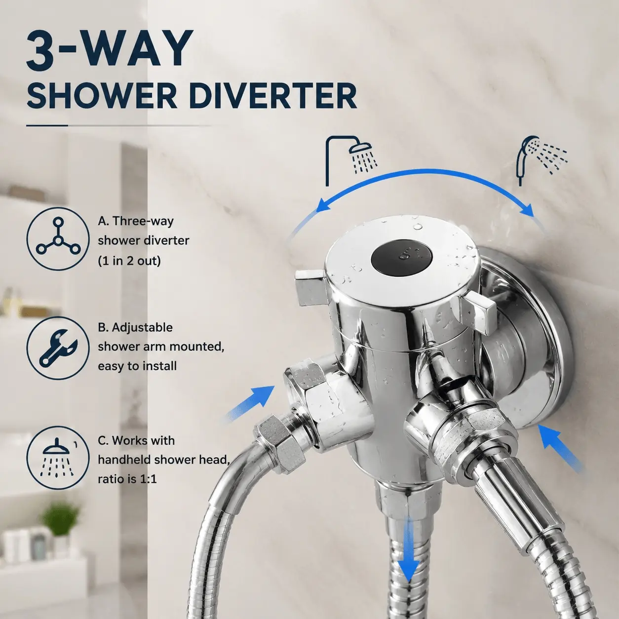 Triple Function Shower Valve Converter Tool-Free Installation Dual Outlet Adapter Compatible with Bidet Sprayer and Standard Showerhead G1/2 Brass Fitting Quick Connect for Bathroom Upgrade Home Renovation