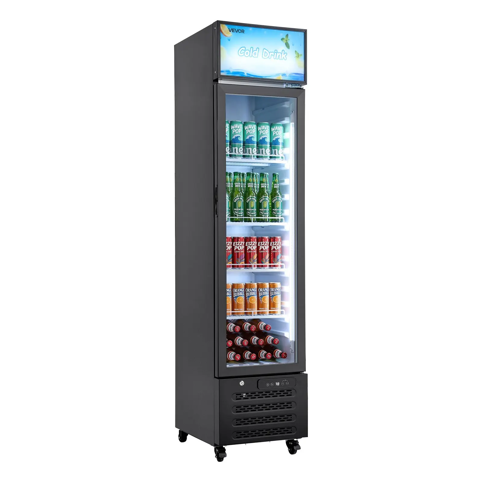 VEVOR Commercial Upright Type Merchandiser Refrigerator, 7.5 Cu. Ft/213 L Glass Door Display Cooler, Customizable Lightbox, 4 Adjustable Shelves, Soft LED Lighting for Homes, Shops