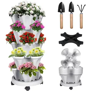 Vertical Strawberry Planter 5 Tier Stackable Tower Herb Planters-Stacking Garden Outdoor Planter Pot With Tools Mover For Succulents, Vegetables and Flowers