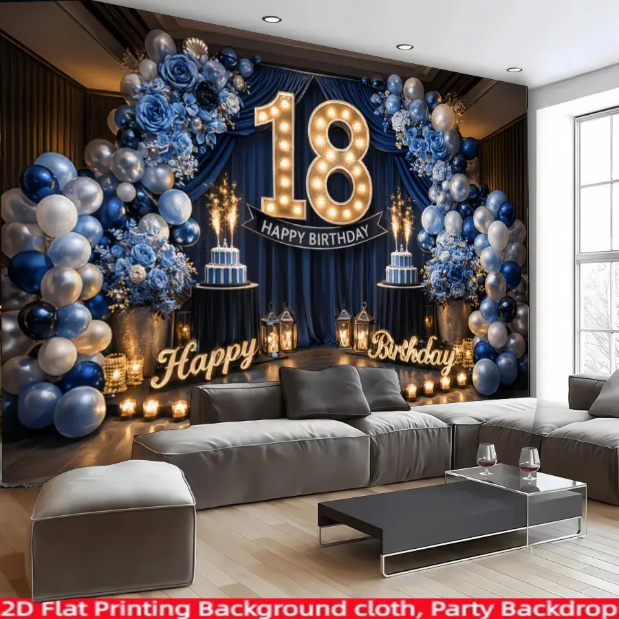 Blue 18th Birthday Balloon Themed Polyester Background Banner, Suitable for Living Room, Bedroom, Birthday Parties, Anniversaries, Home Decor, Indoor Banquets, and Photography Backdrops