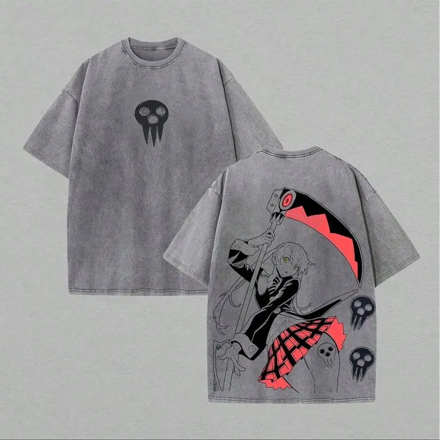 Classic Soul Eater Maka Albarn Vintage Washed Graphic T Shirt Double Sided Scythe Skull Character Art Print Short Sleeve Cotton Top Retro Manga Street Fashion Tee For Anime Fans Daily Outdoor Fashion