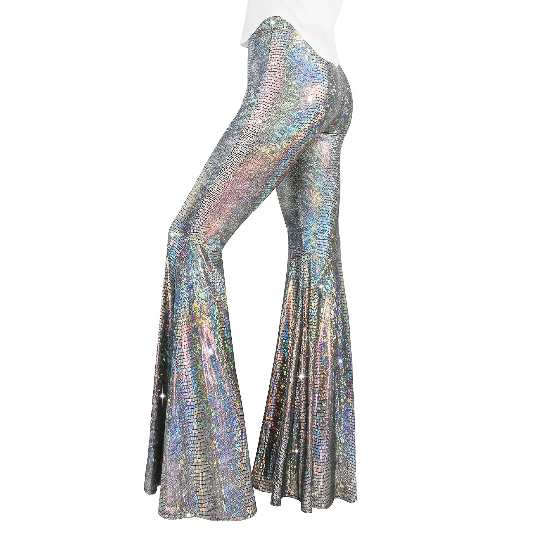 Women's Elegant Foil Wide Leg Flare Trousers, Chic Shiny High-Waist Polyester Knit Fabric Pants for Nightclub Parties, Plaid, Bottom, Long Pants, Full Length, Ruffled Detail