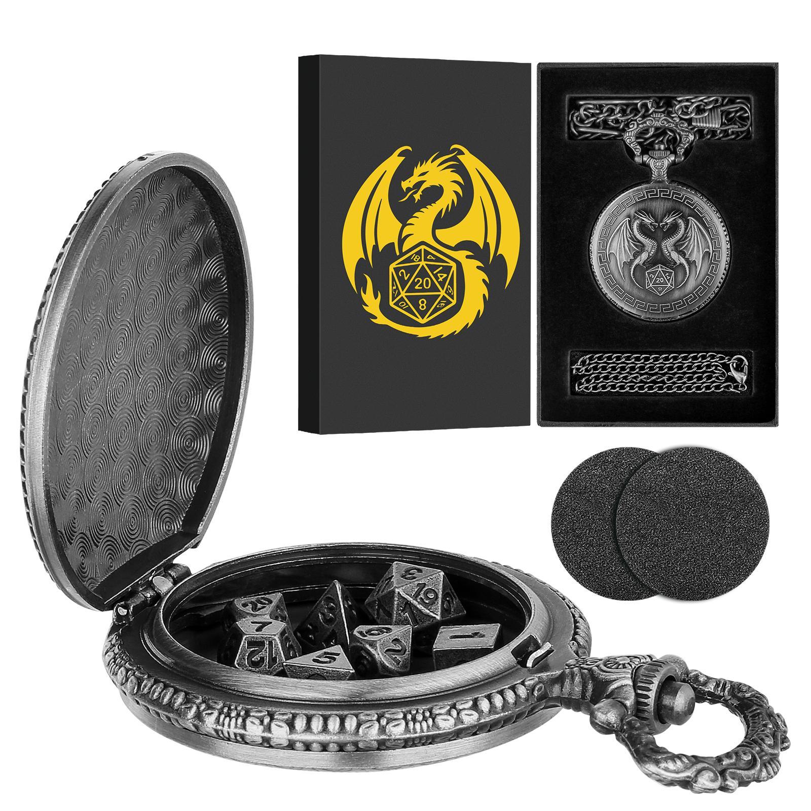 Durable Dragon Pattern Dice Set, Dnd Metal Dice, Polyhedral Dice Set, 1 Set Dice with Chain & Watch Case, Role Playing Game Accessories, Tabletop Games for Party, Family, Friends