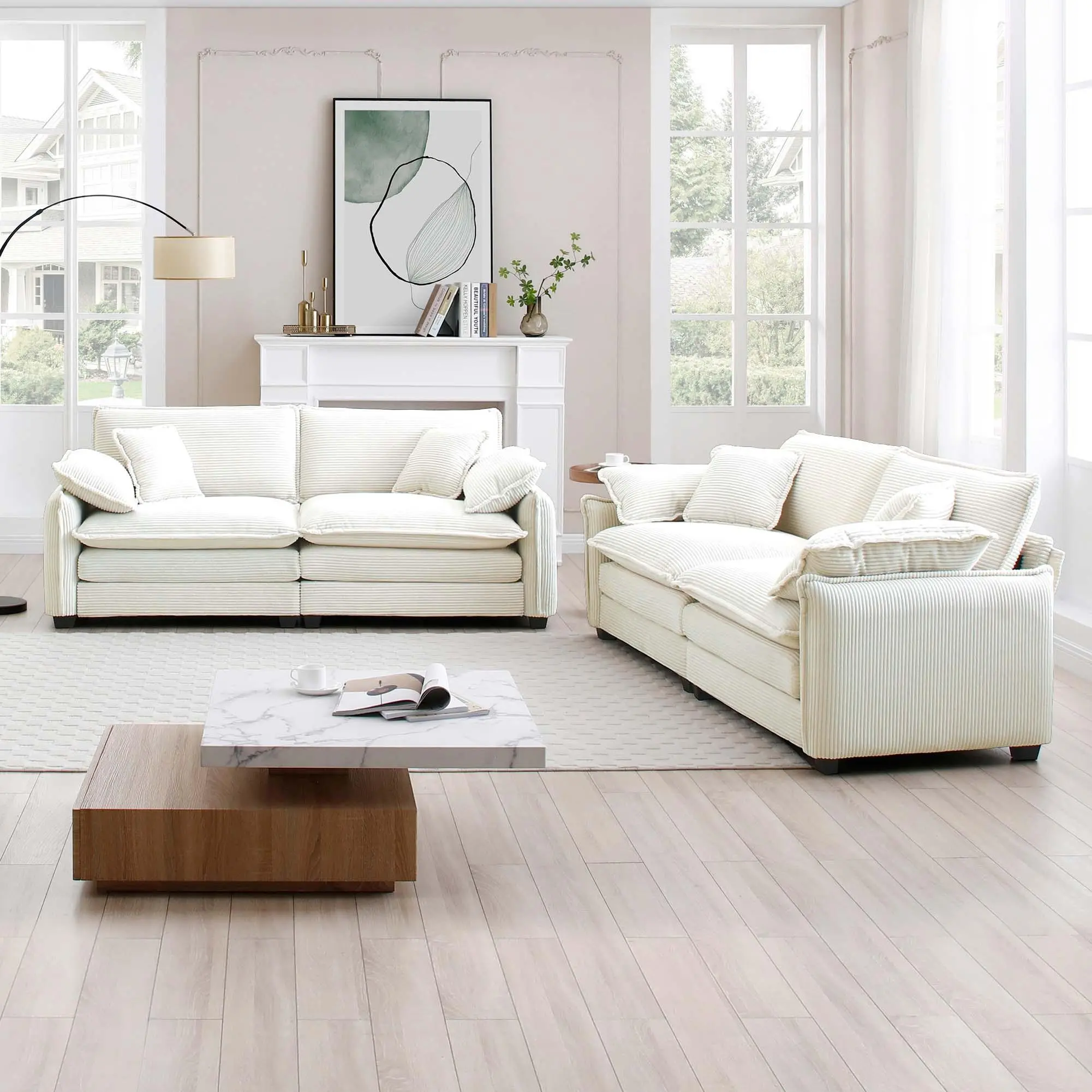 Beige Corduroy Sofa Set, Two 2-Seater Sofas, 4-Seat Modern Sofa for Living Room and Bedroom