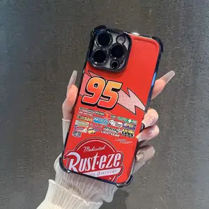 Vintage Race Car 95 Rust-eze Lightning McQueen Electroplated Frame iPhone Protective Case, Four Corners Anti-Collision Airbag Shockproof Soft Cover, Classic Cartoon Print Stylish Unisex Gift Compatible With iPhone X XS XSMax 11 12 13 15 16 17 Pro Max