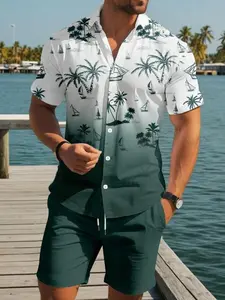 Men's Gradient Ocean Coconut Tree Tropical Casual Set, Soft Comfortable Shirt, Drawstring Shorts, Street Style, Vacation, Multiple Sizes