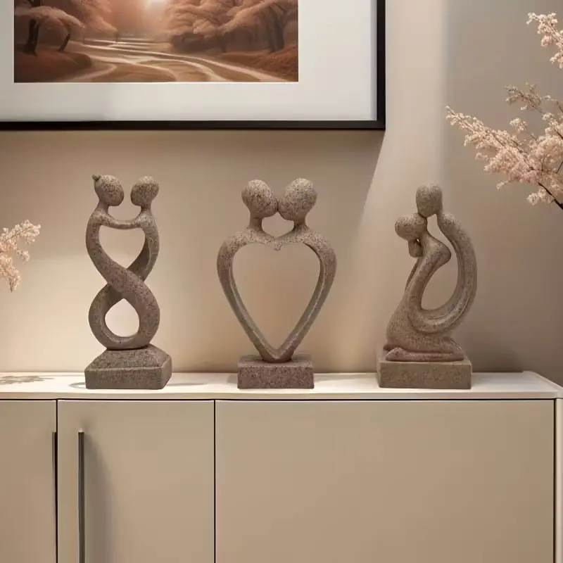 3 pieces of abstract art figure decorations - Sandstone couple kissing resin figurine - Elegant living room decoration, TV and cabinet display, heart-shaped design, perfect gift for marriage or home decoration