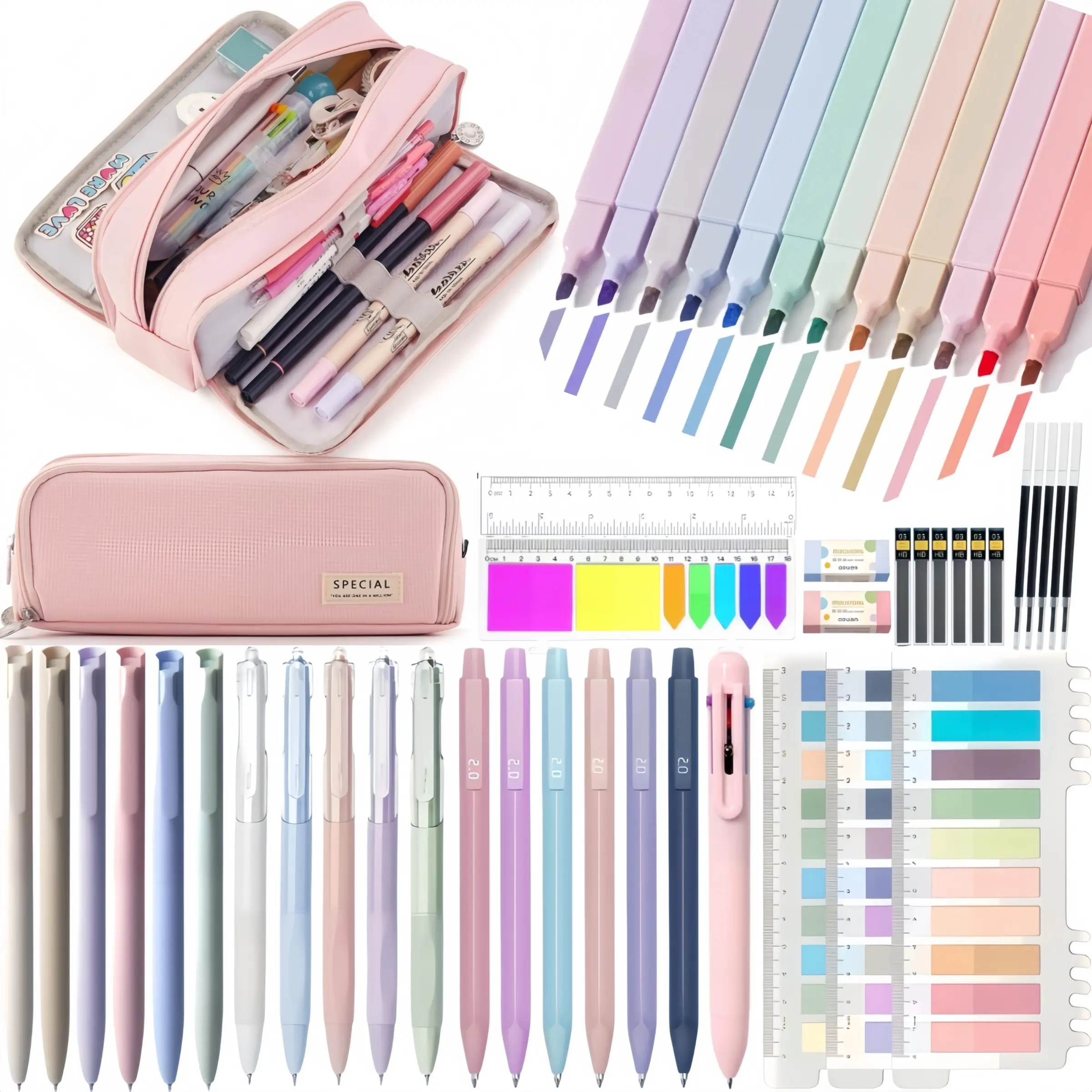 49PCS Morandi stationery set,back to school,Large Capacity Pencil Case,black gel pens,6PCS Morandi 0.5mm mechanical pencil,12PCS Color Pastel Highlighters,sticky note,eraser,ruler,Cute Office School Supplies Gifts for Women Men,school supplies