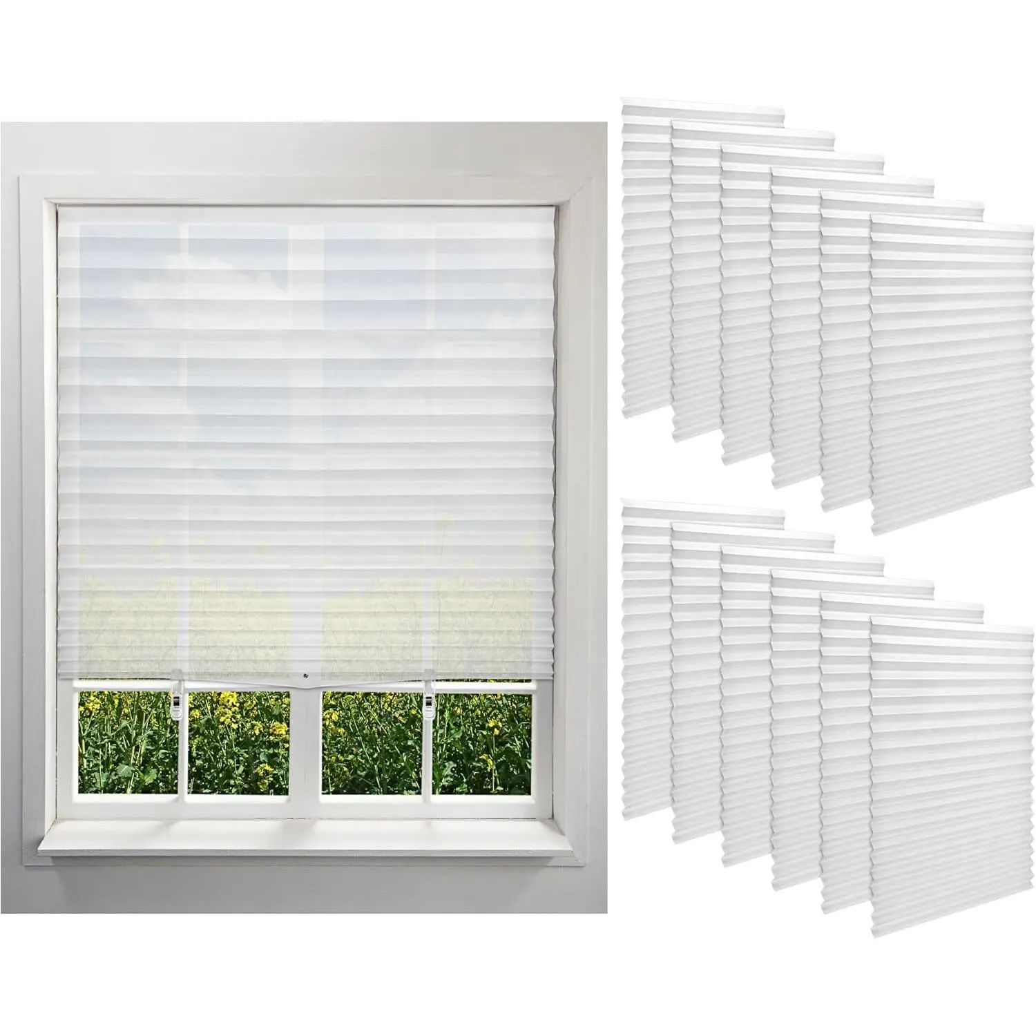 12Pcs No-Tools Temporary Type Paper Window Blinds - 35x71 In Self-Adhesive Cordless Pleated Shades, Light Filtering, Easy to Cut & Install with Clips, Home Bathroom Window Covering, Paper Blinds