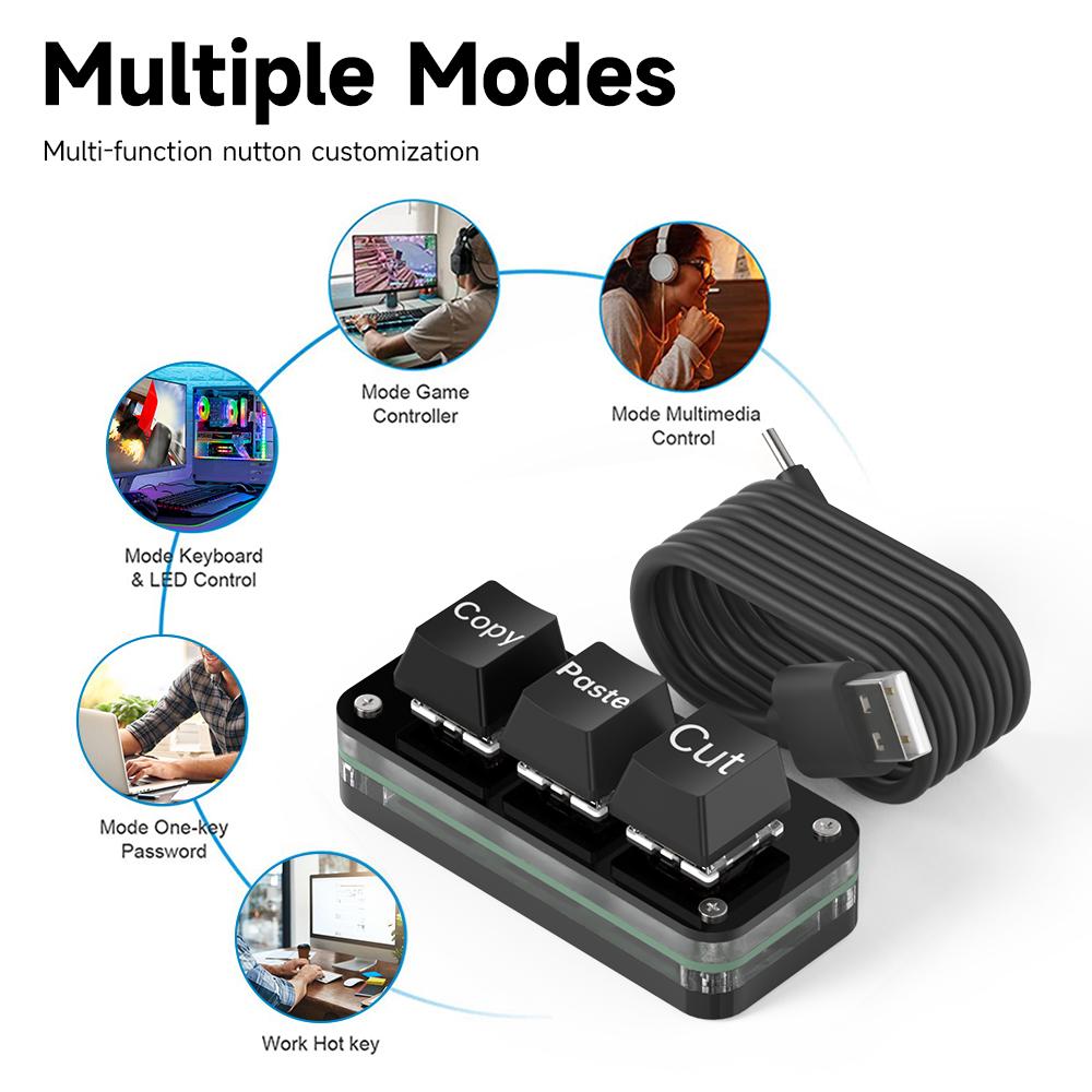 RGB 3 Keys Macro Programming Mini Keyboard for Photoshop Gaming Hotswap Programming Keypad Copy Paste Mini Button Macropad