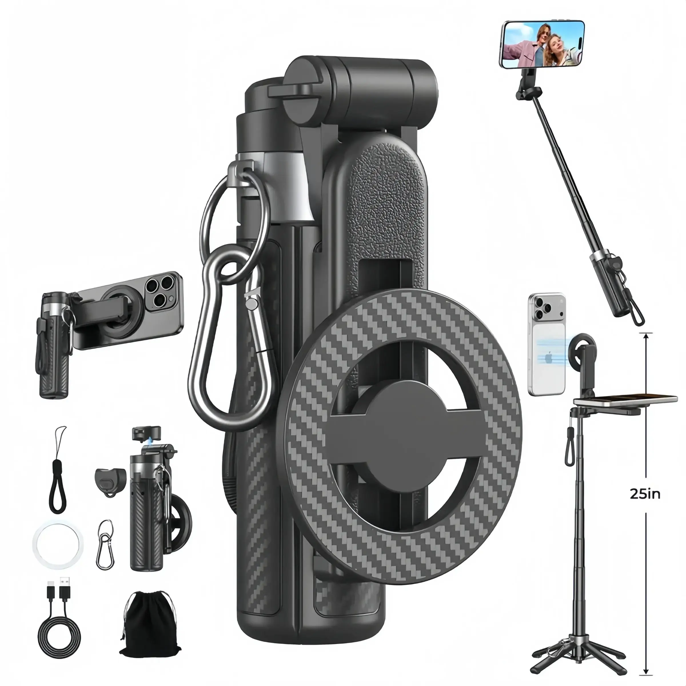 Four-In-One Multifunctional 360 Degree Rotating Magnetic Smartphone Selfie Stick, Adjustable Portable Extendable Design, Wireless Remote Control Included