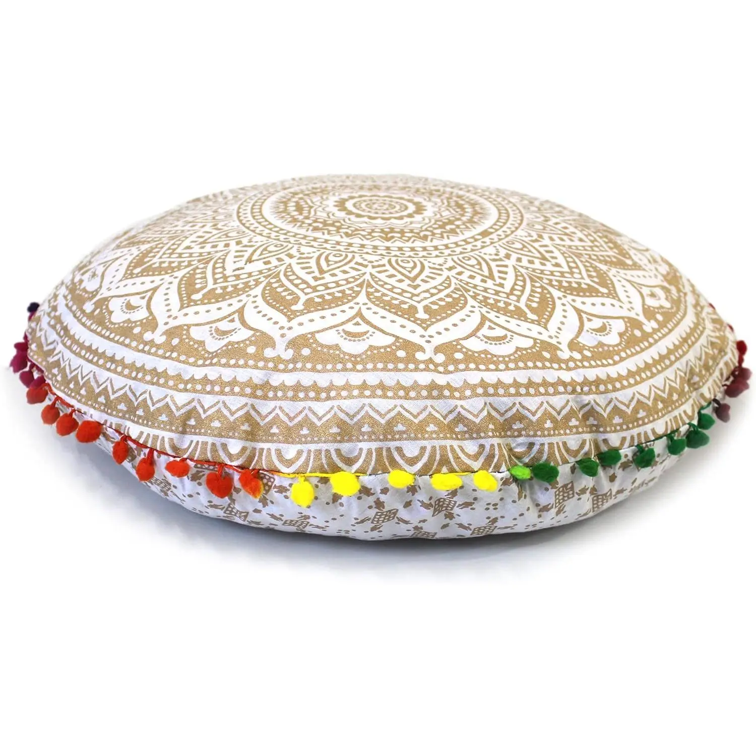 Round Mandala Floor Pillow Cover Seating Cushion Throw Cover Hippie Decorative Bohemian Ottoman Pouf Cover, Pom Pom Pillow Cases,Boho  22 Inches (White )