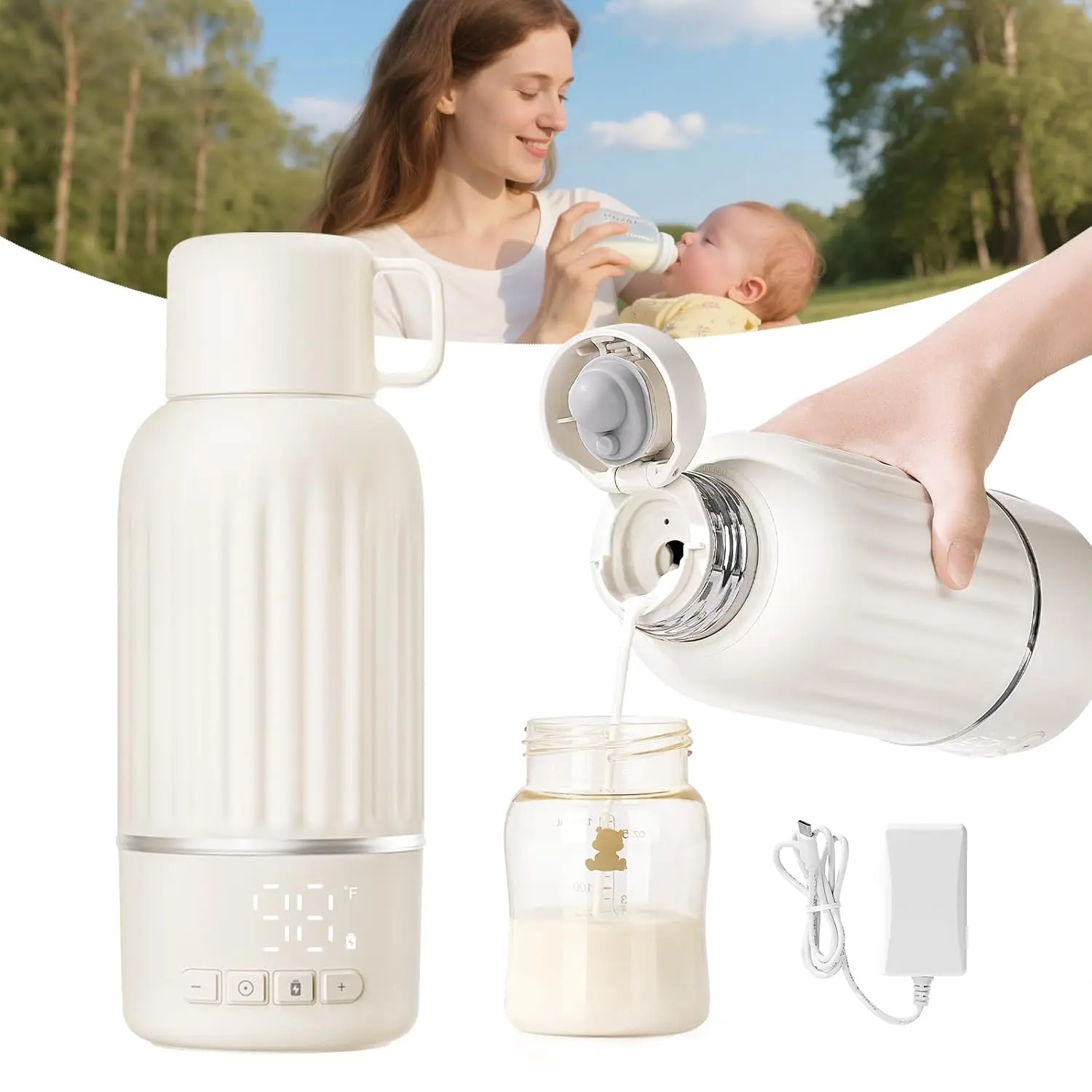 Portable Bottle Warmer  Travel, Fast Heating in 2.5 Mins  Breast Milk, 10200mAh Battery with LED Display, 17oz Large Capacity,  Bottle Warmer with Precise Temperature Control-Cable goblet