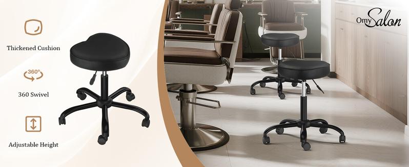 OmySalon Rolling Stool with Wheels, Hydraulic Massage Chair, Heart-Shaped Adjustable Salon Stool, Swivel Stools for Hair Stylist, Vanity SPA, Bar, Barber, Home Office, Tattoo
