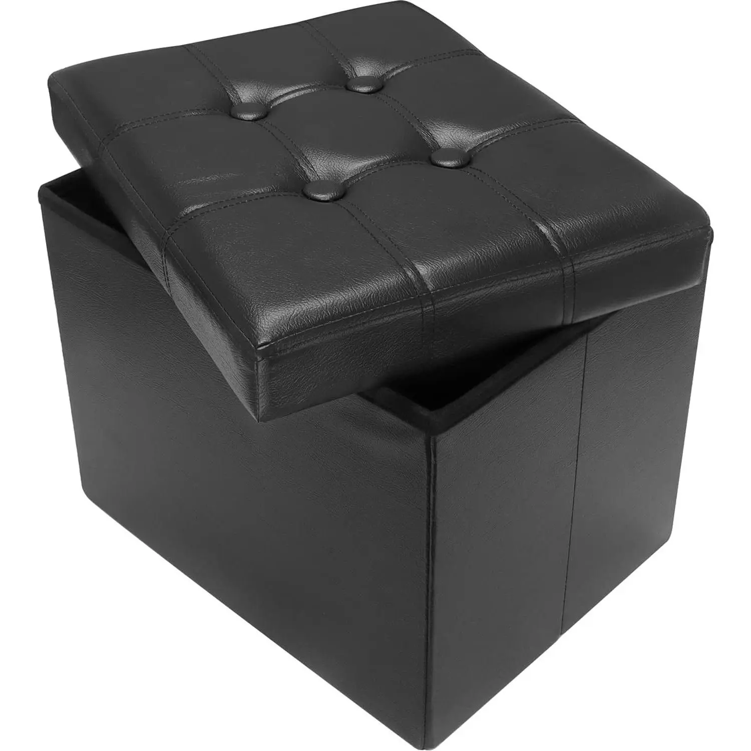 Storage Ottoman Foot Rest Stool, 17" Folding Leather Foot Rest Chest, Black, Thickened Foam Cushion, Living Room, Bedroom, Dorm, Load 300 lbs, Easy to Install, 17x13x13inGift