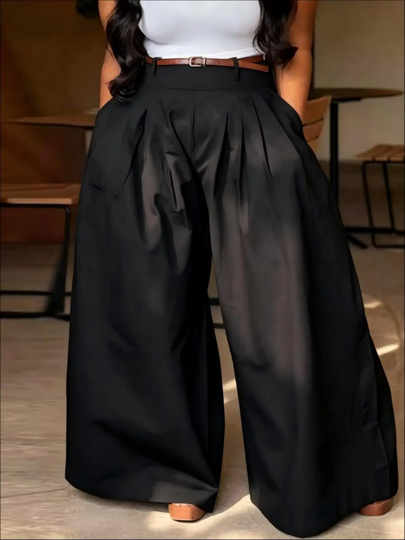 Women's High-Waisted Wide-Leg Pants, Casual Loose Fit, with Belt Loop, Side Pockets, Perfect for Daily Wear, Travel, Dating, Commute