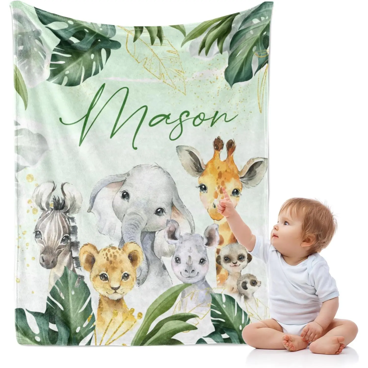 Personalized Name Safari Animal Flannel Throw Blanket, Tropical Jungle Elephant Giraffe Lion Art Print, Custom Name Decorative Blanket, Soft Cozy Flannel Blanket for Sofa and Indoor Decor