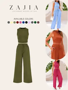 Women's Summer 2-Piece, Ribbed Knit Crew Neck Sleeveless Cropped Top, Wide Leg Pants, Casual Fitted Lounge Set, Plain Pattern