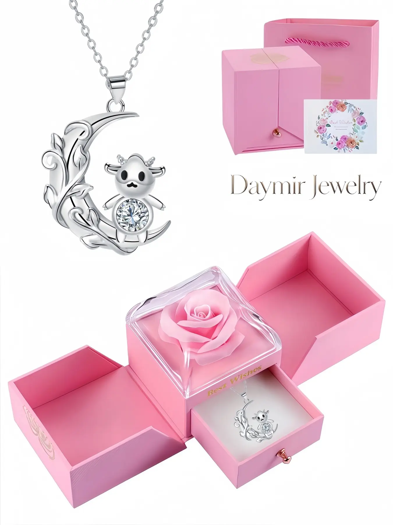 "Silver Moon Cute Cow Diamond Necklace" Unique luxury cow pendant choker embedded with shimmering stones. Matched with double-door simulated rose jewelry box, romantic gifts for dates, Valentine’s Day and Christmas.
