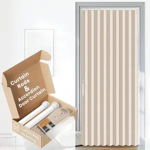 Set: Curtain Rods No Drilling (38-53" W Adjustable Range) & Accordion Door Curtain, Beige 53Wx78" L, Accordion Doors for Closet Doorway Room Divider