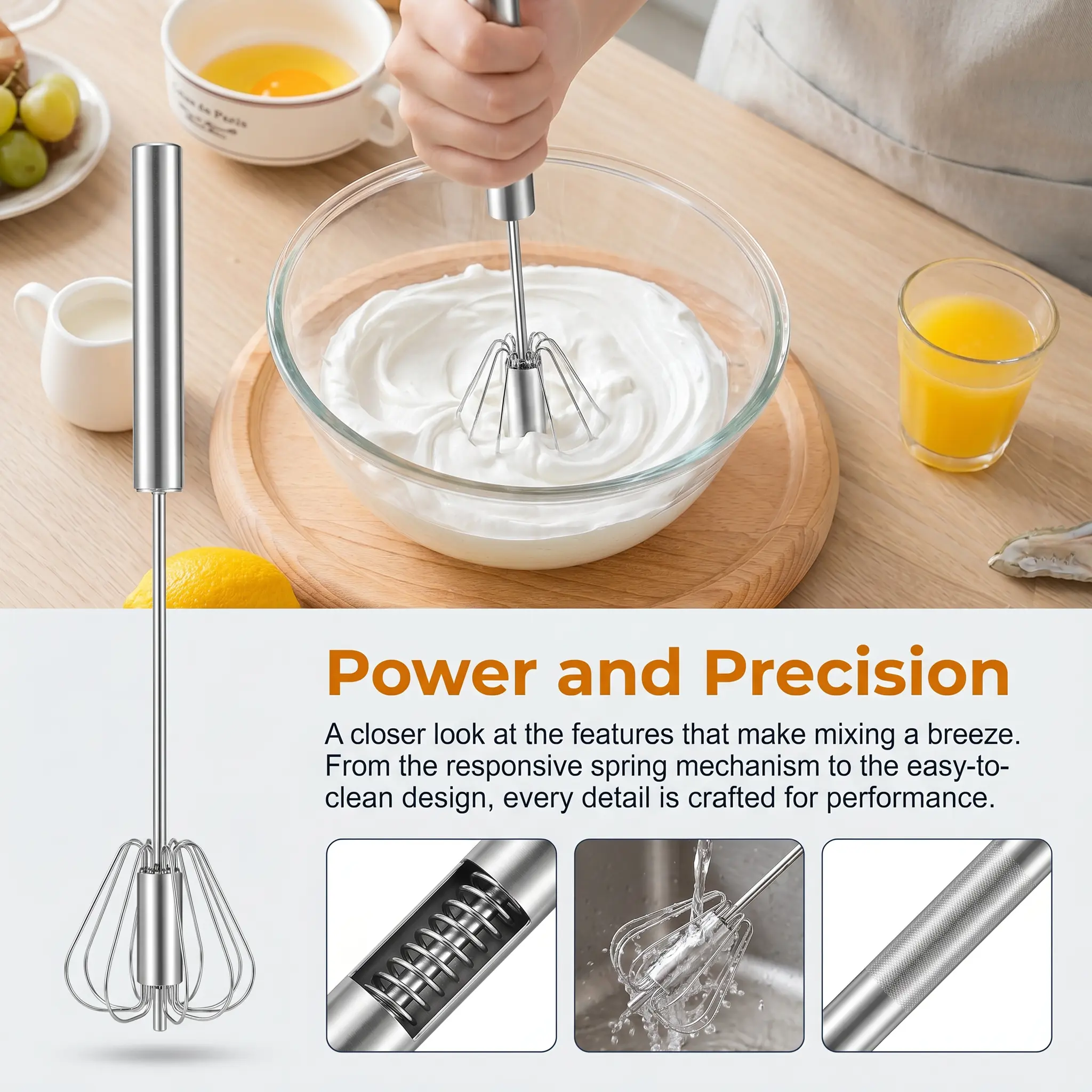 Semi-Automatic Hand Push Rotary Whisk, Food Grade Stainless Steel Riveted Egg Beater, Rust Resistant Manual Mixer for Whisking, Beating, Blending & Stirring, Easy to Clean