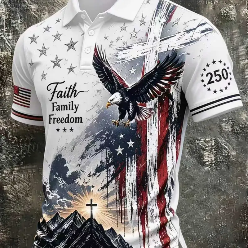 Men's Christian Patriotic Casual Collared Summer Shirt, Printed Polo Shirt, All over Print Eagle Mountain Cross Sunrise, Faith Family Freedom Text, Vintage American Flag, 250th Anniversary