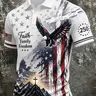 Men's Christian Patriotic Casual Collared Summer Shirt, Printed Polo Shirt, All over Print Eagle Mountain Cross Sunrise, Faith Family Freedom Text, Vintage American Flag, 250th Anniversary