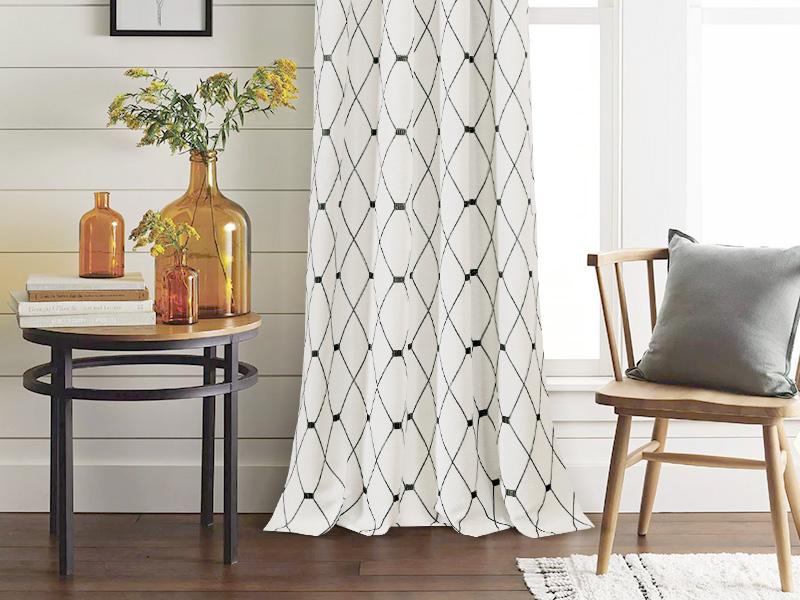 Joywell Cream Linen Textured Curtains 84 inches Long for Living Room Embroidered Farmhouse Window Curtain Grommet Drapes 2 Panels Heavy Cotton Curtains Black Checkered Pattern on Beige