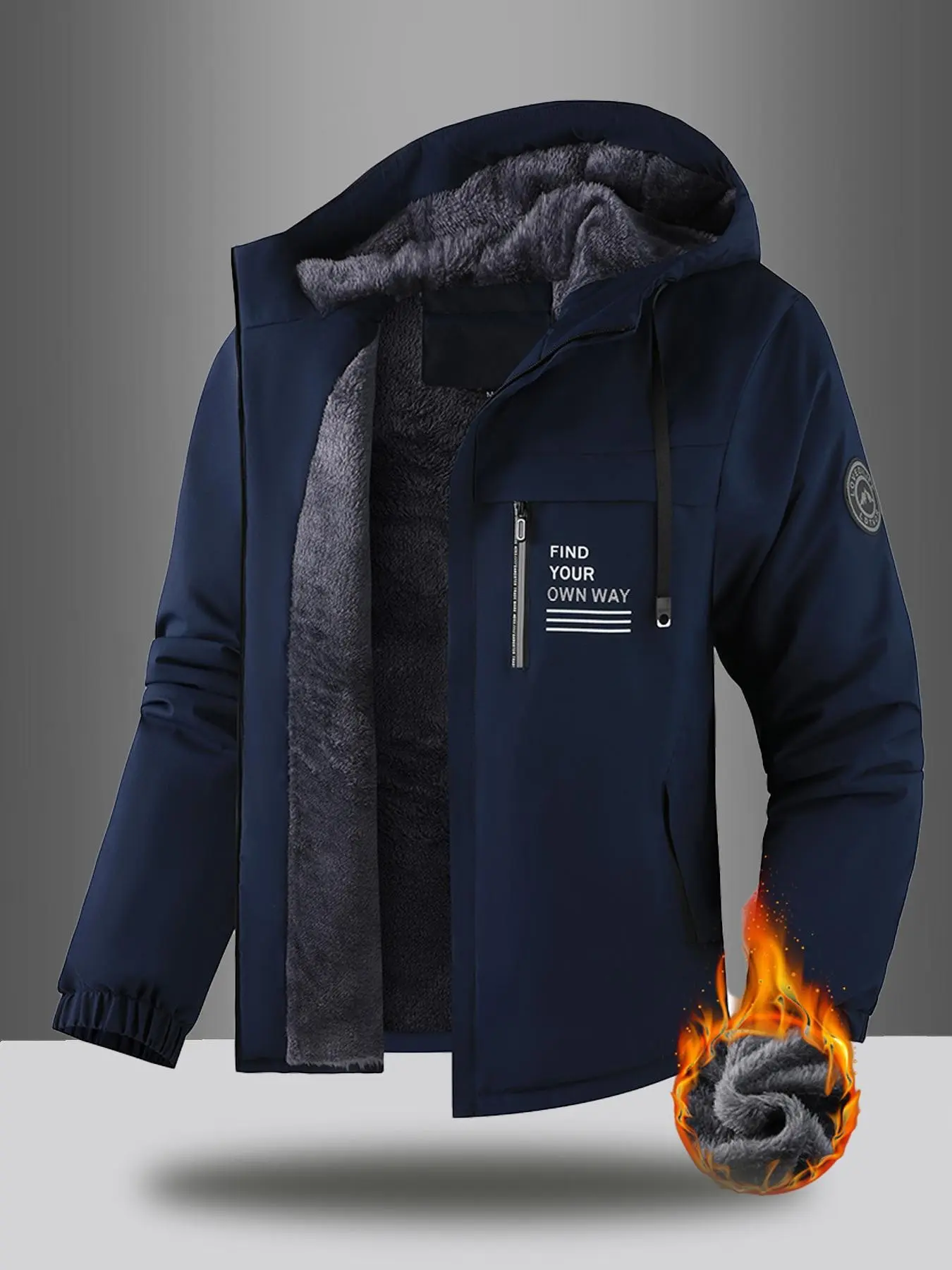 Men's Hooded Fleece Lined Thick Warm Long Sleeve Jacket, Outdoor Sports Wear, Multi-Pocket Design, Letter Print, Simple and Versatile
