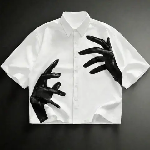 Men's Fashion Short Sleeve Casual Blouse, Creative Hand Graffiti Print, Comfortable Versatile Fabric, Loose-Fitting, All Seasons
