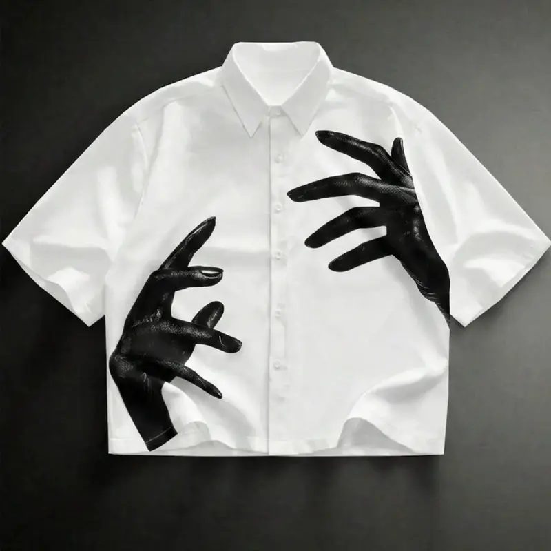 Men's Fashion Short Sleeve Casual Blouse, Creative Hand Graffiti Print, Comfortable Versatile Fabric, Loose-Fitting, All Seasons