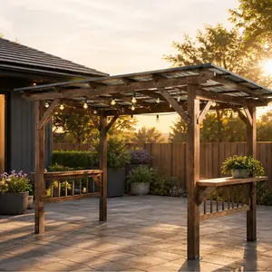 ARCH Wooden Pergola Grill Gazebo 13x6.5ft with Metal Roof, Built-in Bulbs & Bar Counters, Outdoor BBQ Shelter for Patio Backyard, Brown Wood Stainless Steel Hardtop Gazebo with Shelves, Expansion Screws Included, Brown Color Options