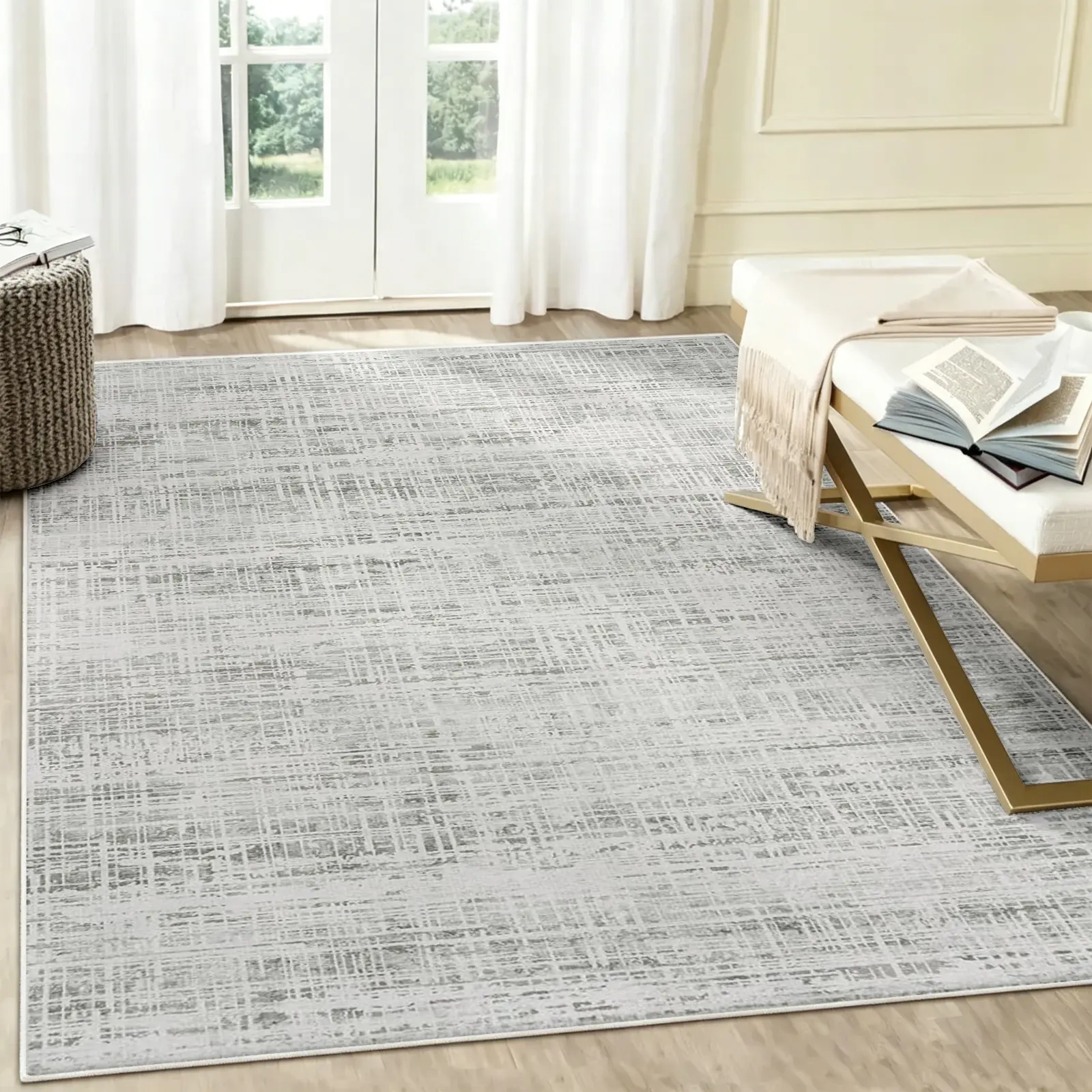 Gray White Woven Texture Area Rug, Minimalist Braided Pattern Non-Slip Office Low Pile Floor Mat, Washable Stain-Resistant Pet-Friendly Carpet for Under Desk Study Room, Modern Wabi Sabi Home Decor ﻿