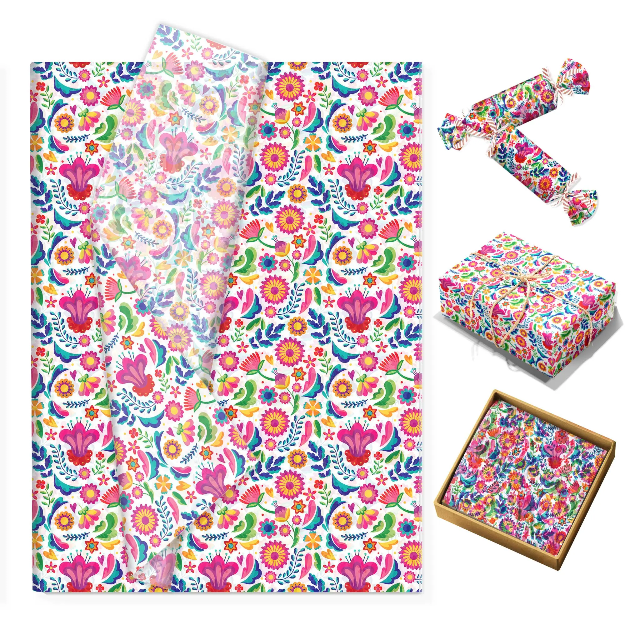 50 Sheets Mexican Floral Pattern Tissue Paper,17gsm Moisture-Proof Art Flower Wrapping Paper,19.69×13.78 Inch, Gift Candy Box Fiesta Party Decorative Packing Paper