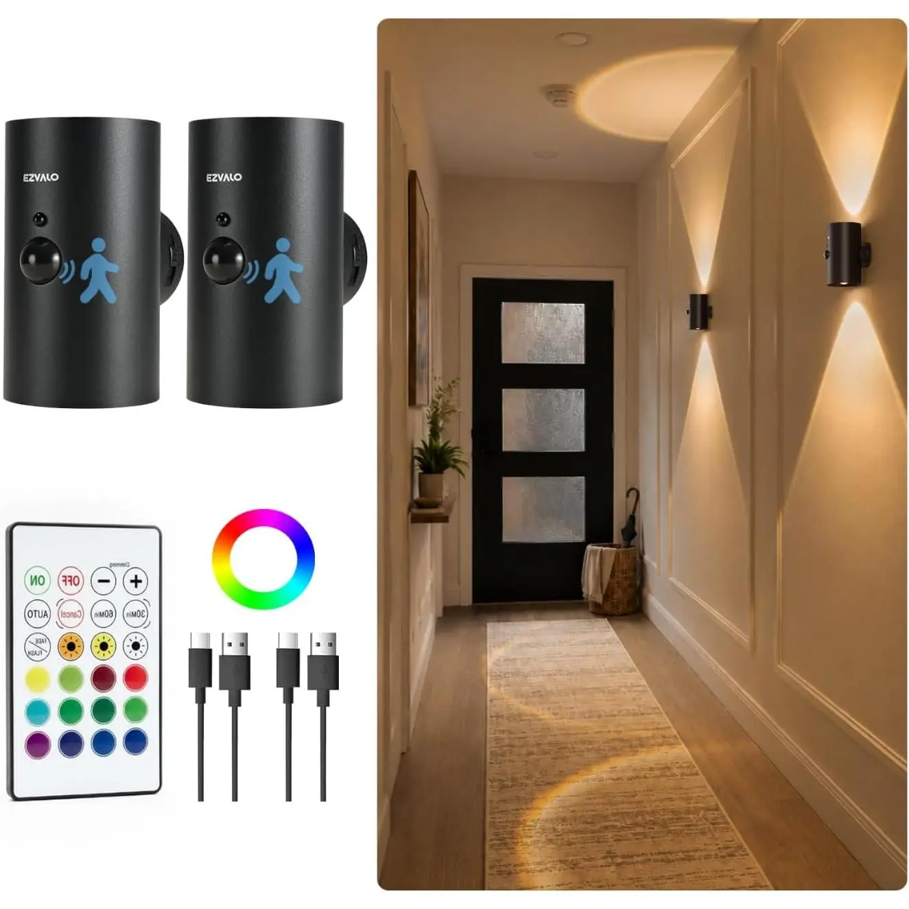 Motion Sensor Wall Lights, Rechargeable Battery Operated LED Metal Wall Sconce with Remote, 3 Color Temps & RGB, Peel and Stick Wall Lamps for Hallway, Stairway, Living Room (2 Pack, Black)