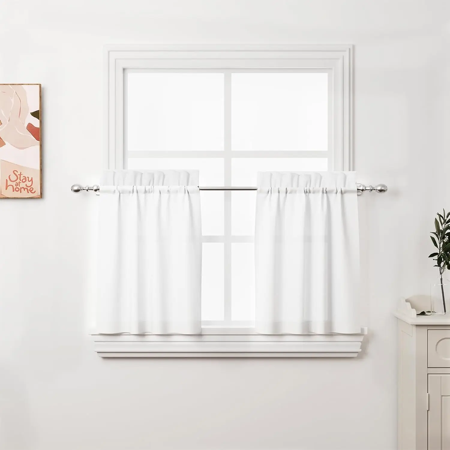 2 Pack White Tier Curtains 24 Inch, Farmhouse Textured Faux Linen, Light Filtering Rod Pocket Panels for Bedroom, Office, and Living Rooms, Kitchen, Basement, Durable Fabric, Machine Wash