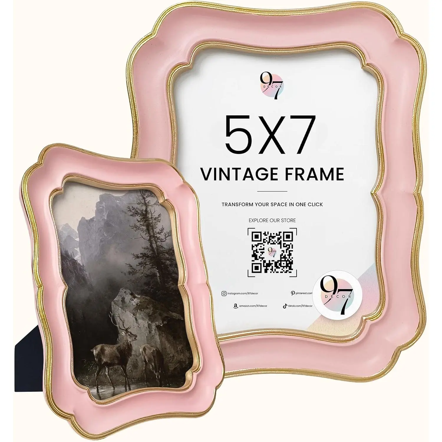 97 Decor Gold Pink Picture Frame 5x7 - Cute Pink Vintage Frame 5x7 For Tabletop And Wall Hanging, Decorative Pretty 5 By 7 Frame For Home, Bedroom, Retro Girly Wall Decor