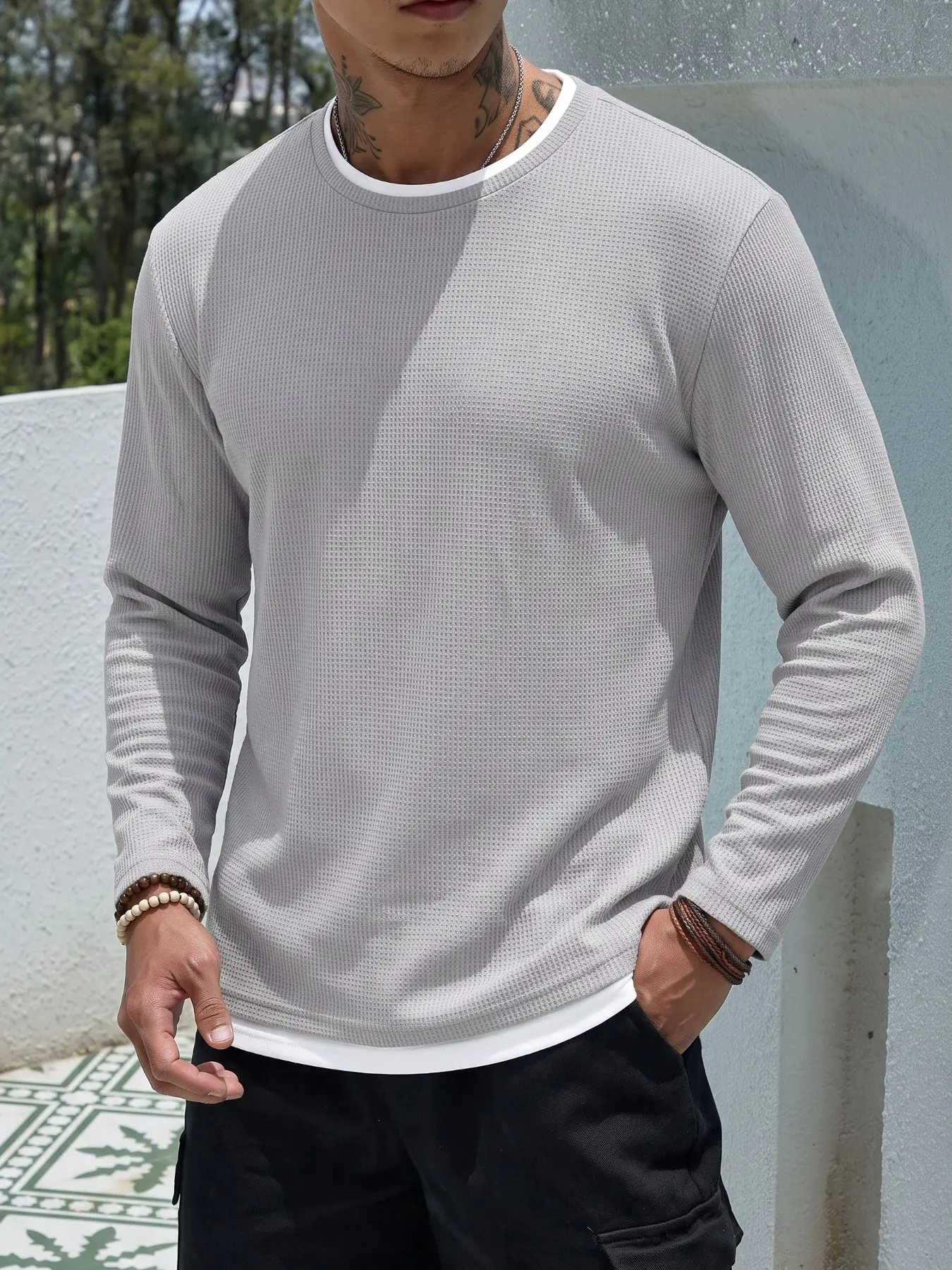 Men's Casual Classic Waffle Knit Round Neck Long Sleeve Sweatshirt, Knitwear, Perfect for Family Gatherings and Daily Wear, Fall & Winter Fashion