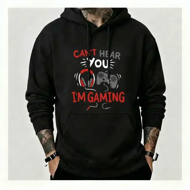 Can't Hear You I'm Gaming Funny Hoodie Video Game Graphic Pullover Sweatshirt Novelty Gamer Gift For Son Boyfriend Teen Controller Headset Print Top Long Sleeve Hooded Jumper Casual Streamer Merch Blend Black Printed Unisex Casual Hoodie