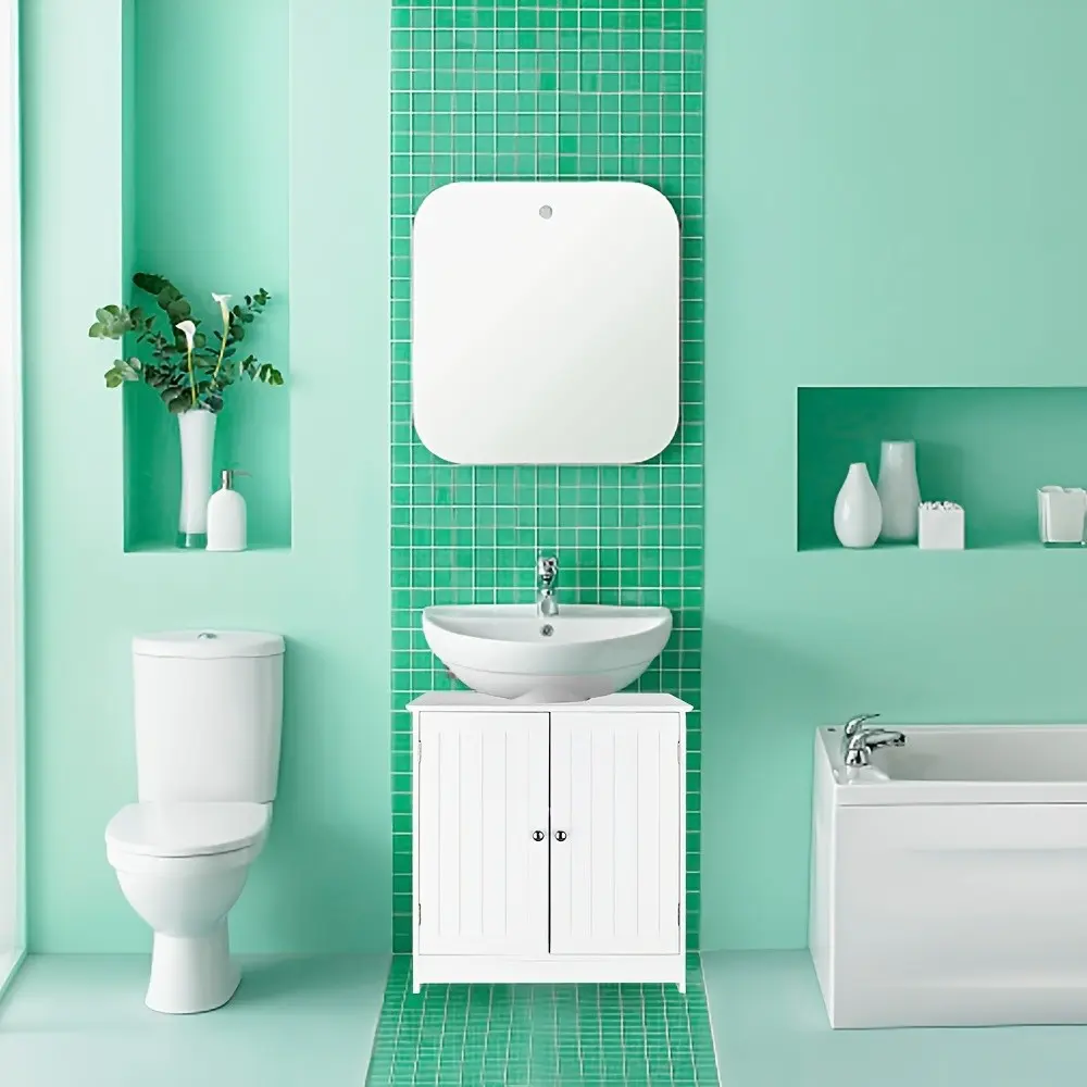 Bathroom Floor Storage Cabinet, Pedestal Sink Storage Cabinet with 2 Doors Traditional Under Sink Cabinet Bathroom Space Saver Organizer with Adjustable Shelf White