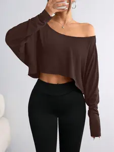Women's off Shoulder Crop Top, Long Sleeve Loose Fit Batwing Shirt, Casual Chic Oversized Pullover, Sexy Lounge Yoga Workout Cover Up
