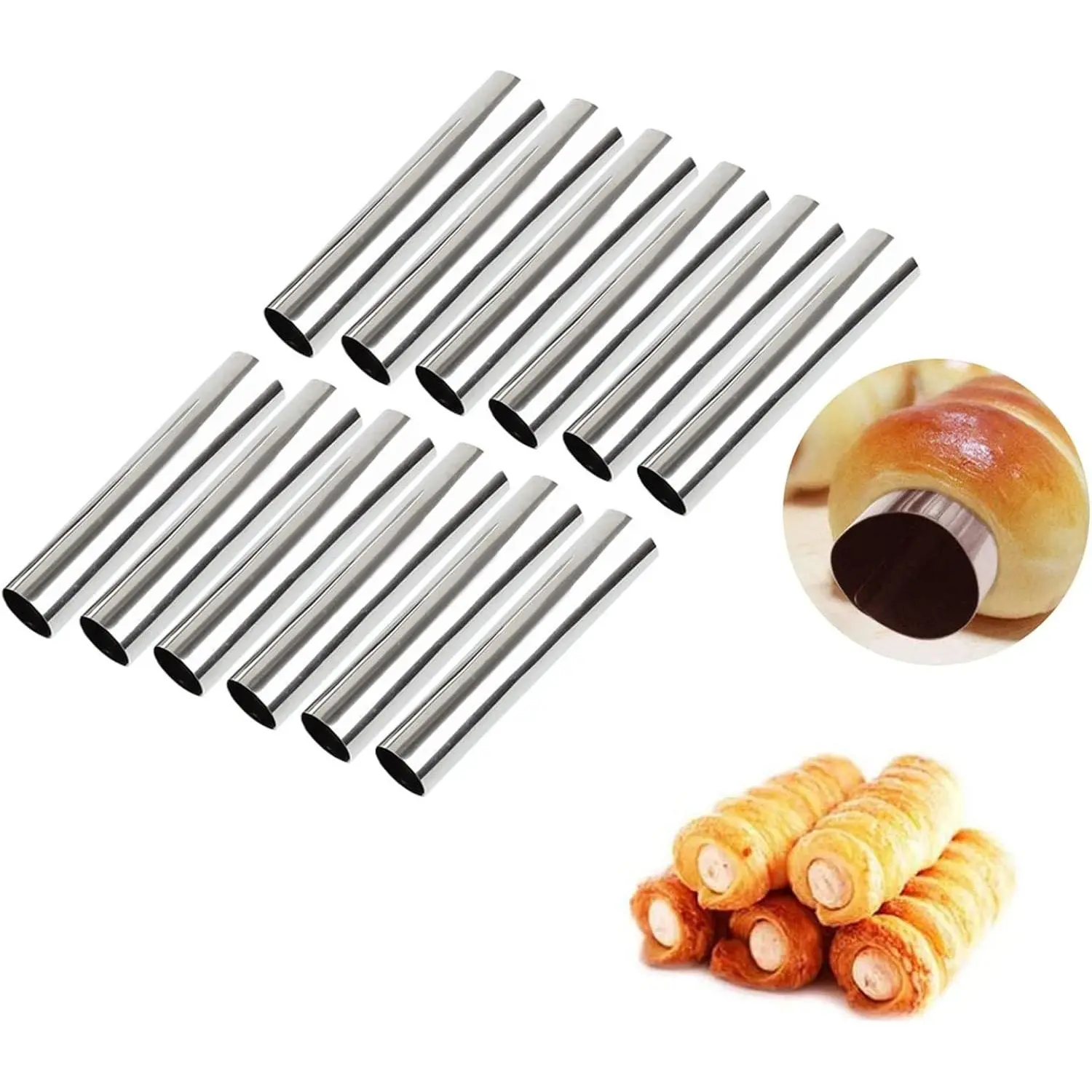 12 Pack Cannoli Tube Non Stick Stainless Steel Cream Horn Mold Danish Pastry Cannoli Form Screw Croissant Shell Cream Roll Spiral Bread DIY Cake Baking Mold for Home kitchen Outdoor Picnic