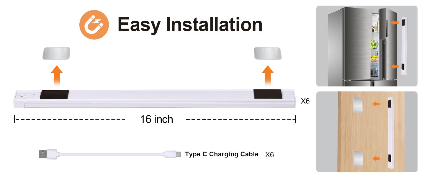 16 inch Under Cabinet Lighting 120 LEDs Motion Sensor USB-C Rechargeable 3 Color Temps Dimmable Wireless Kitchen Closet Magnetic Lights Bar for Night Stairs 6 Pack Indirect Lighting Wardrobe