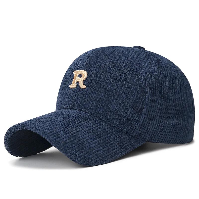 Corduroy Baseball Cap with 3D Embroidered 'R' Letter Solid Color Adjustable Structured Hat Stylish Fall and Winter Accessory