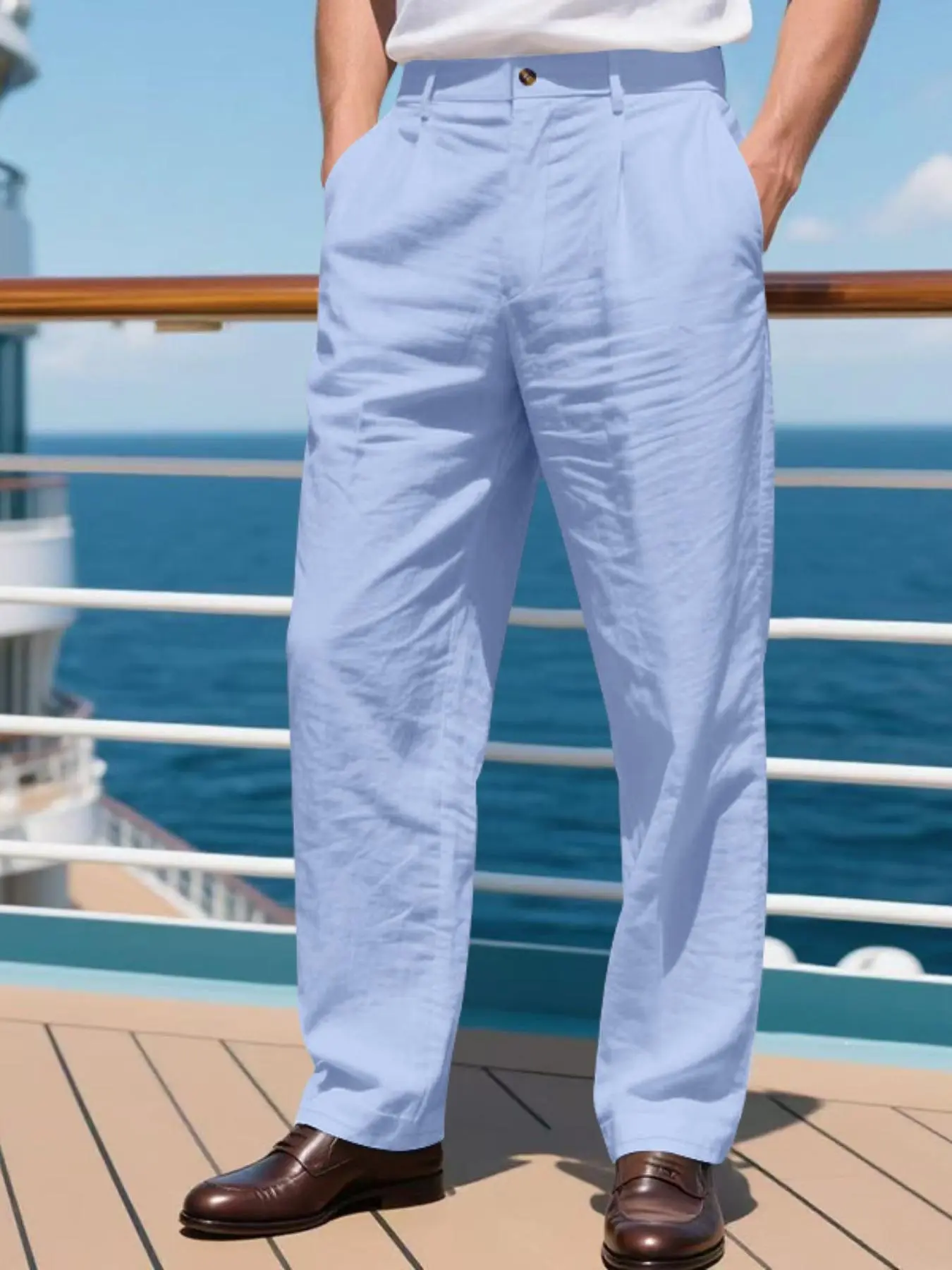 Men's Solid Color Linen Pants, Loose Casual Comfy Breathable Elastic Waist Trousers for Spring & Fall, Men Bottoms for Daily Wear Menswear