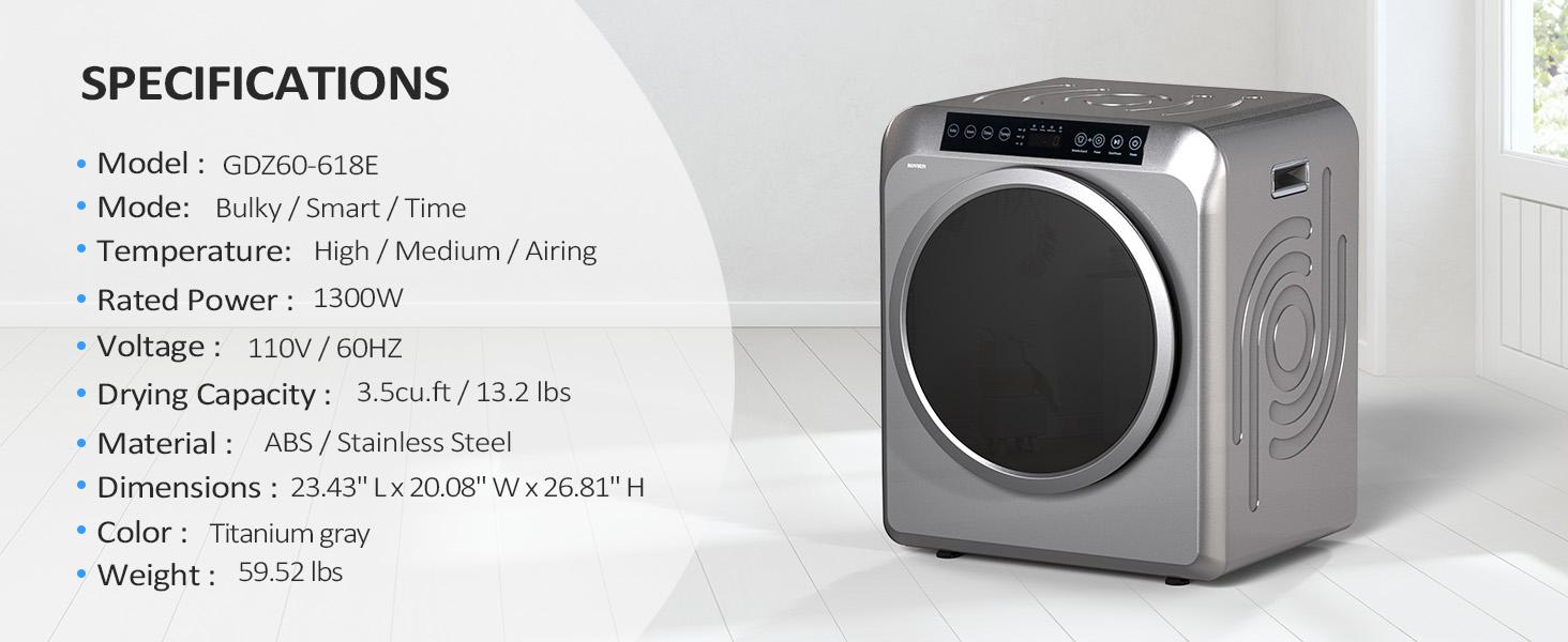 ROVSUN 13.2LB Portable Clothes Dryer, 3.5 Cu.Ft High End Front Load Tumble Laundry Dryer with LCD Touch Screen, Stainless Steel Tub for Apartment, Home, Dorm-110V, Luxury Grey Appliances